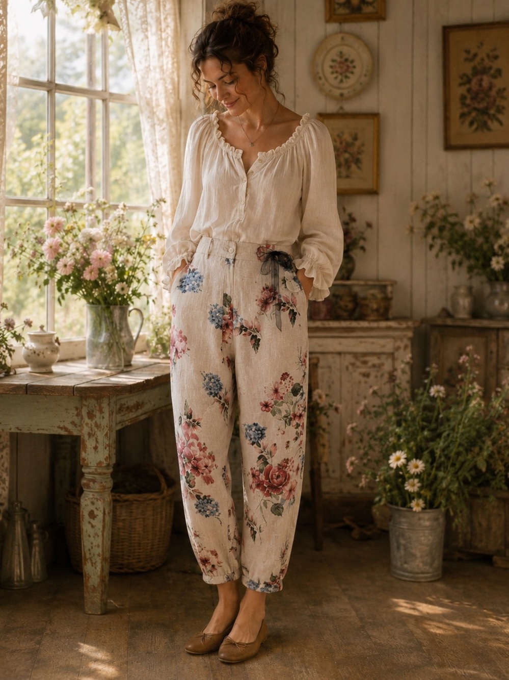 Soft Cottagecore Italian Linen Floral Pants Adjustable Waist